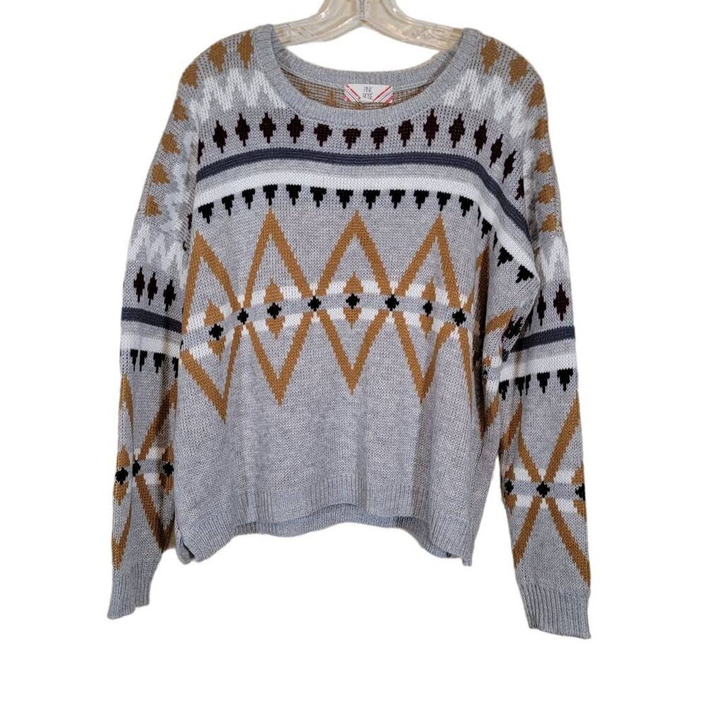 Pink Rose Women Geometric Knit Sweater Round Neck Side Slits Pullover Gray SZ XL